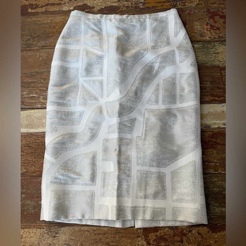 RARE MaxMara + Liu Wei Silver Geometric Wool Blend Pencil Skirt